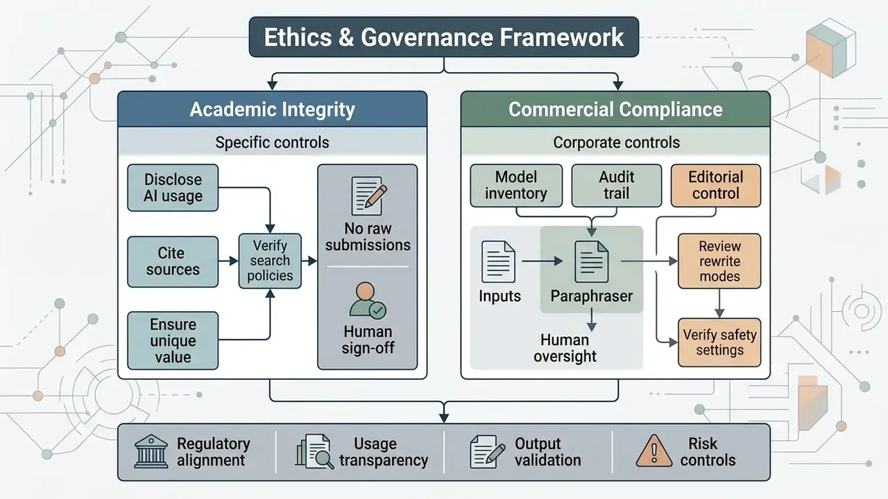 Flowchart outlining academic integrity and commercial compliance controls for an AI paraphrase generator