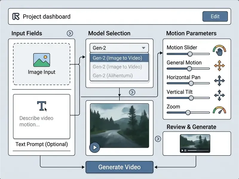 Dashboard interface showing input fields, model selection dropdowns, and motion adjustment sliders