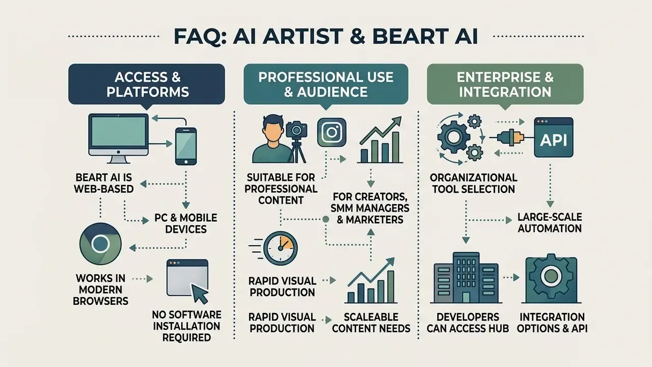 Three-column diagram detailing web access, professional audience use, and API integration for AI Artist