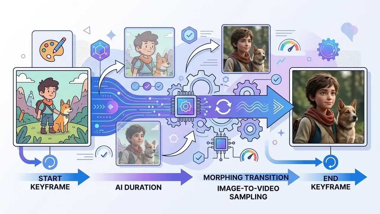 Cartoon boy and dog transitioning through a gear mechanism into a realistic photographic version