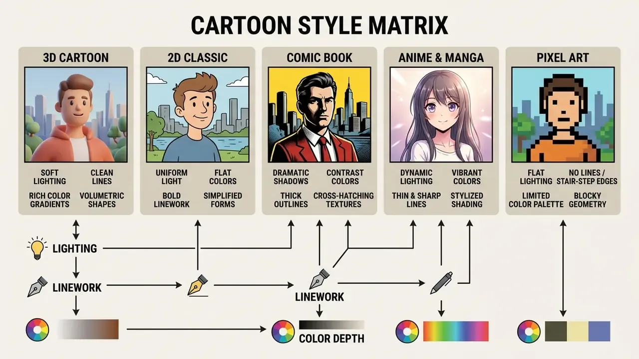 Matrix mapping visual attributes like lighting and linework to five distinct cartoon art styles
