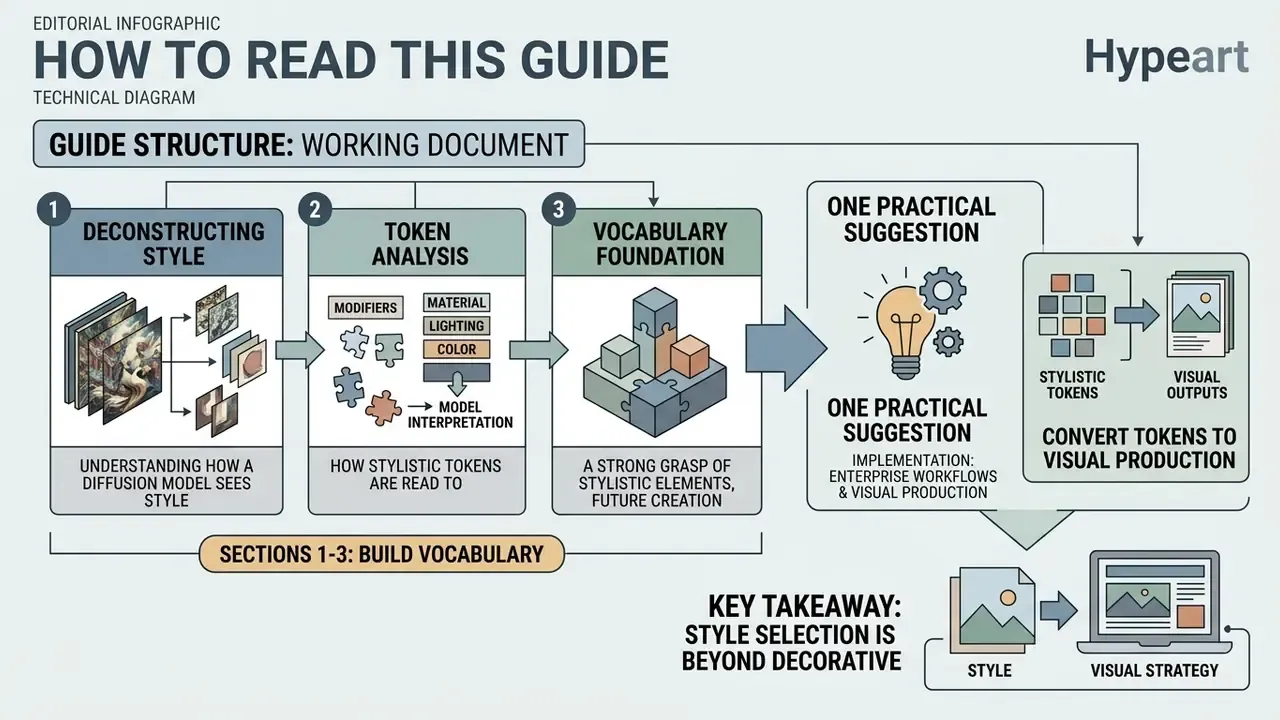 Flowchart detailing how to build vocabulary and implement an ai art style through a technical process