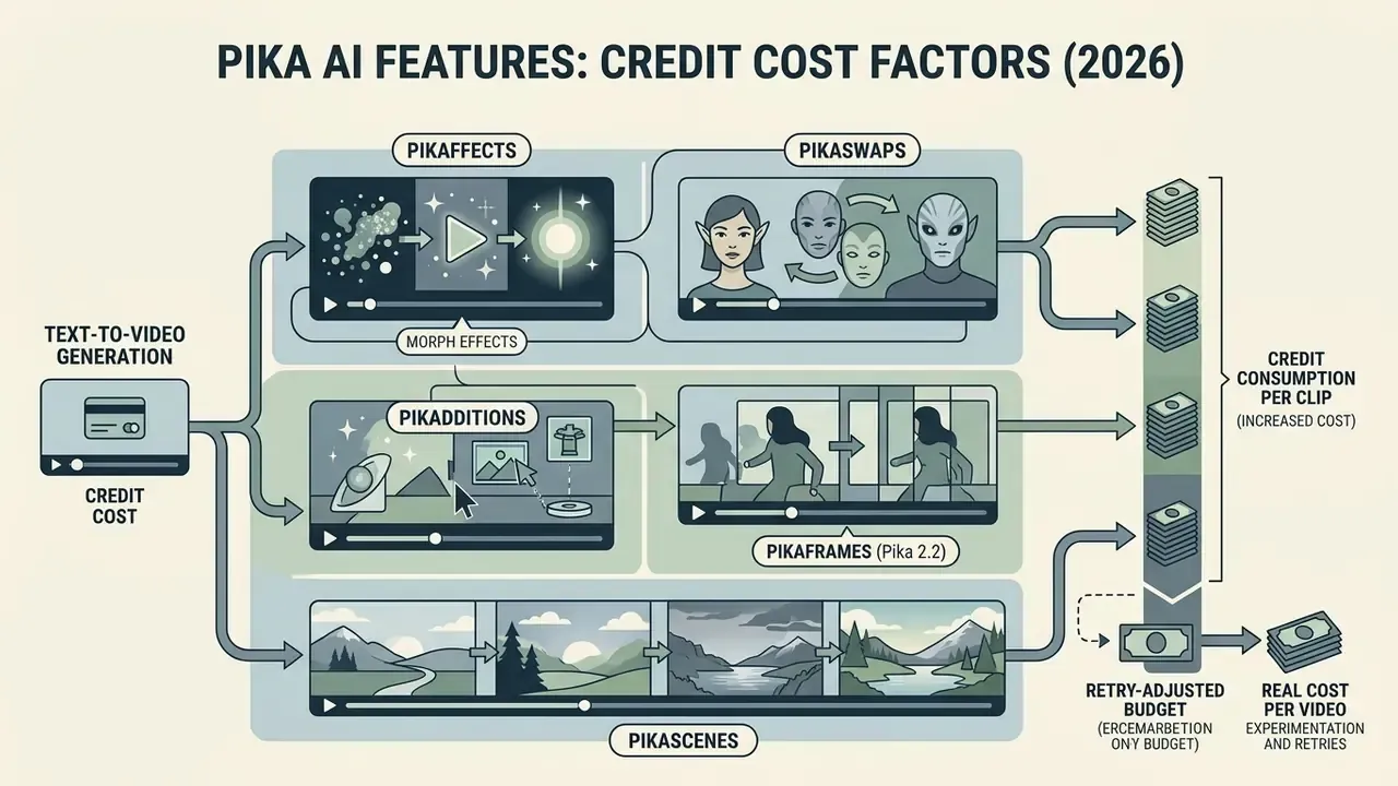 Flowchart showing how specific Pika AI creative tools and video features impact total credit consumption