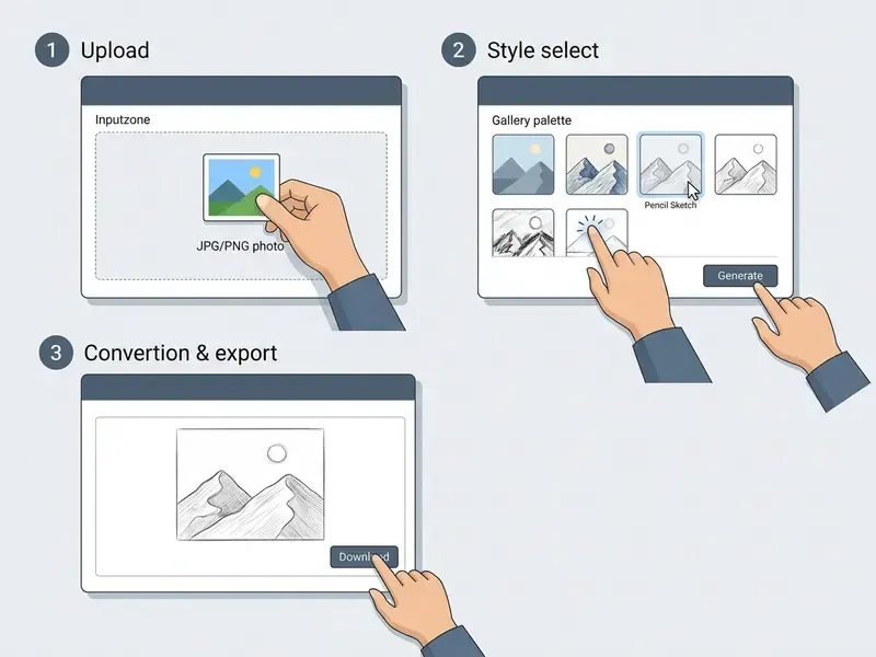 Three step guide to turn a photo into a sketch free by uploading, selecting a style, and downloading