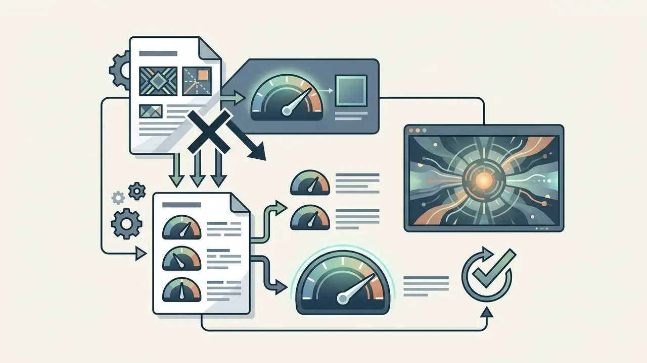 Document icons and speedometers connecting to a digital screen and a final checkmark for AI video generation