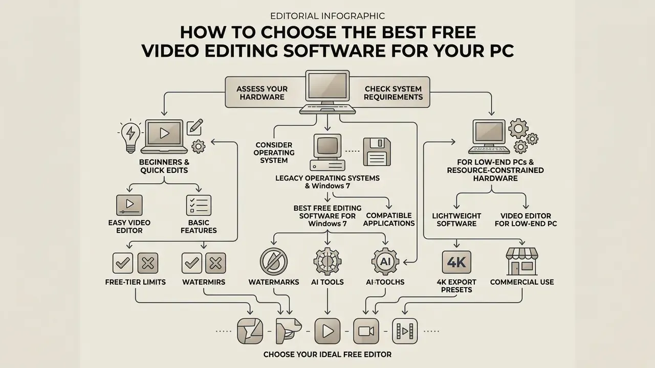 Decision tree infographic for selecting free video editing software based on hardware and system requirements