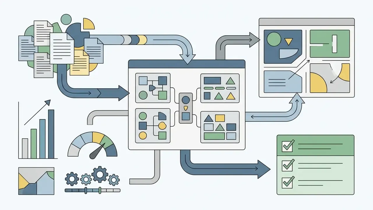 Data clusters feeding into a central processing hub that outputs organized charts and task checklists