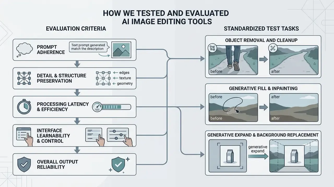 Diagram showing evaluation criteria and standardized test tasks for assessing the best AI photo editor