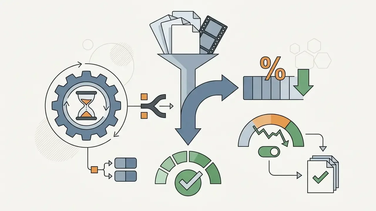 Documents and film reels entering a funnel to be routed toward discounted batch processing lanes