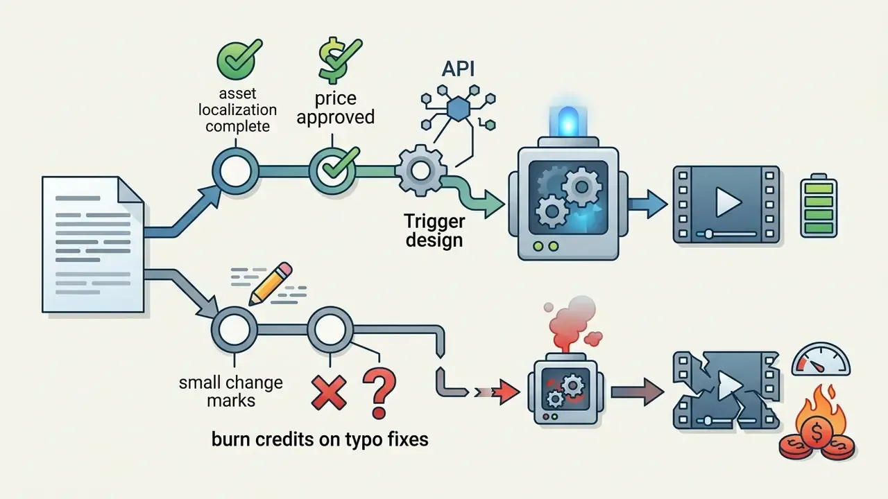 Flowchart comparing efficient API trigger design against wasteful credit usage for video generation