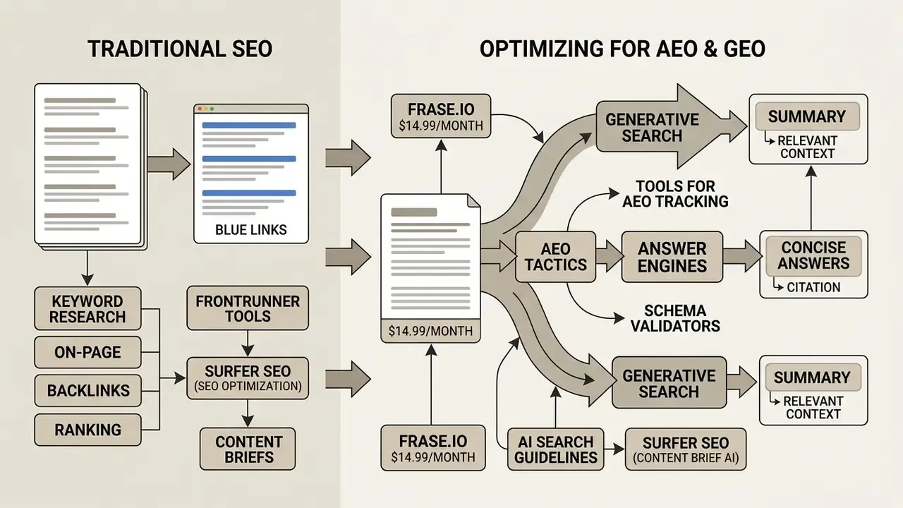 Comparison diagram contrasting traditional SEO blue links with modern AEO and GEO strategy workflows
