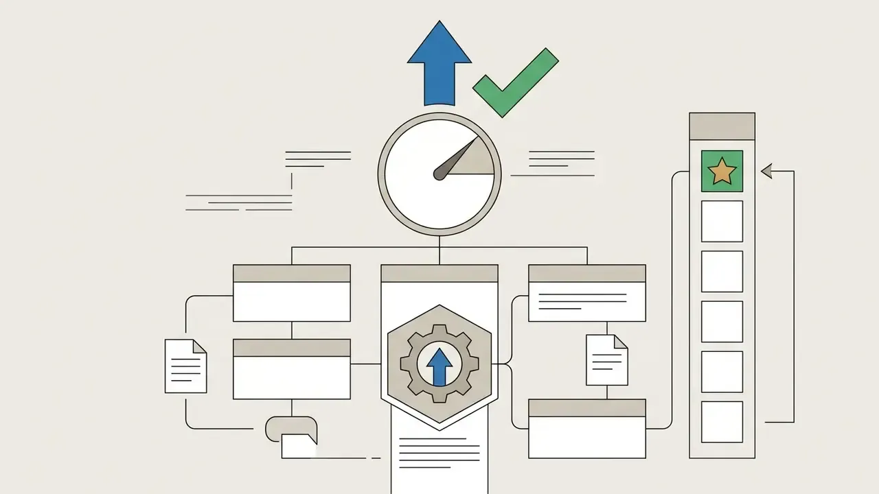 Organizational hierarchy diagram with a central gear icon and a vertical checklist showing one star