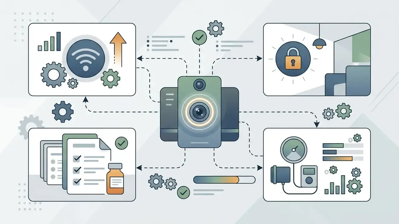Central camera icon connected to four boxes showing internet, private room, medical records, and vitals