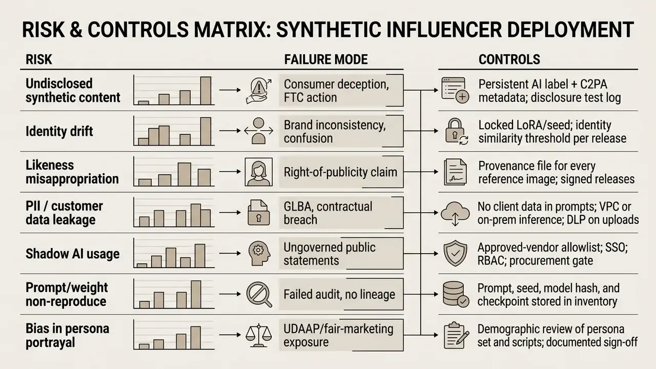 Table mapping risks and failure modes to specific controls for managing synthetic influencer deployments