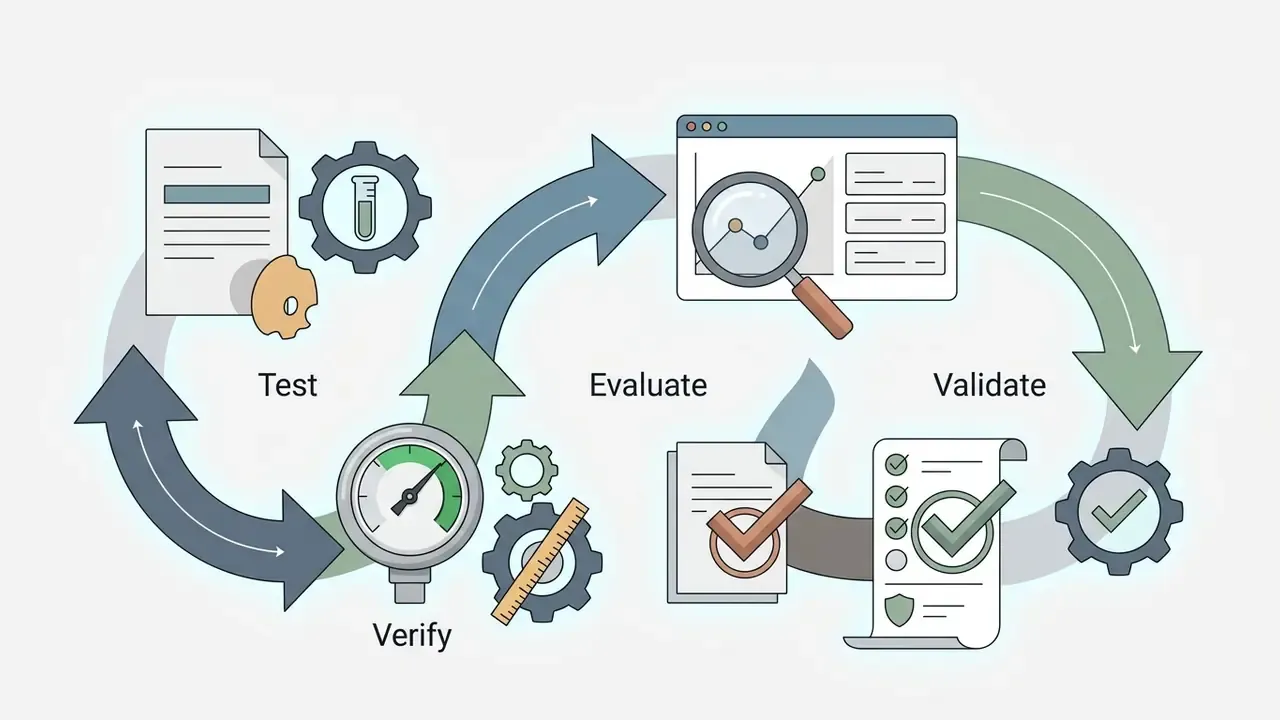 Cycle of test, evaluate, validate, and verify steps using documents, gears, and a performance gauge