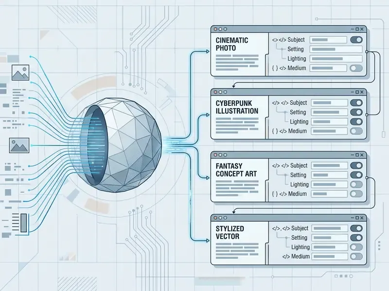 Central geometric sphere processing visual inputs into categorized style templates with toggle settings