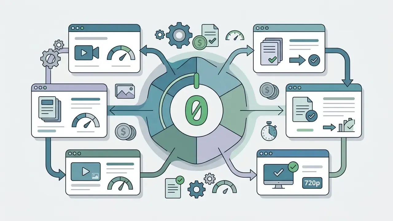 Central zero cost icon surrounded by browser windows illustrating free AI video generation features