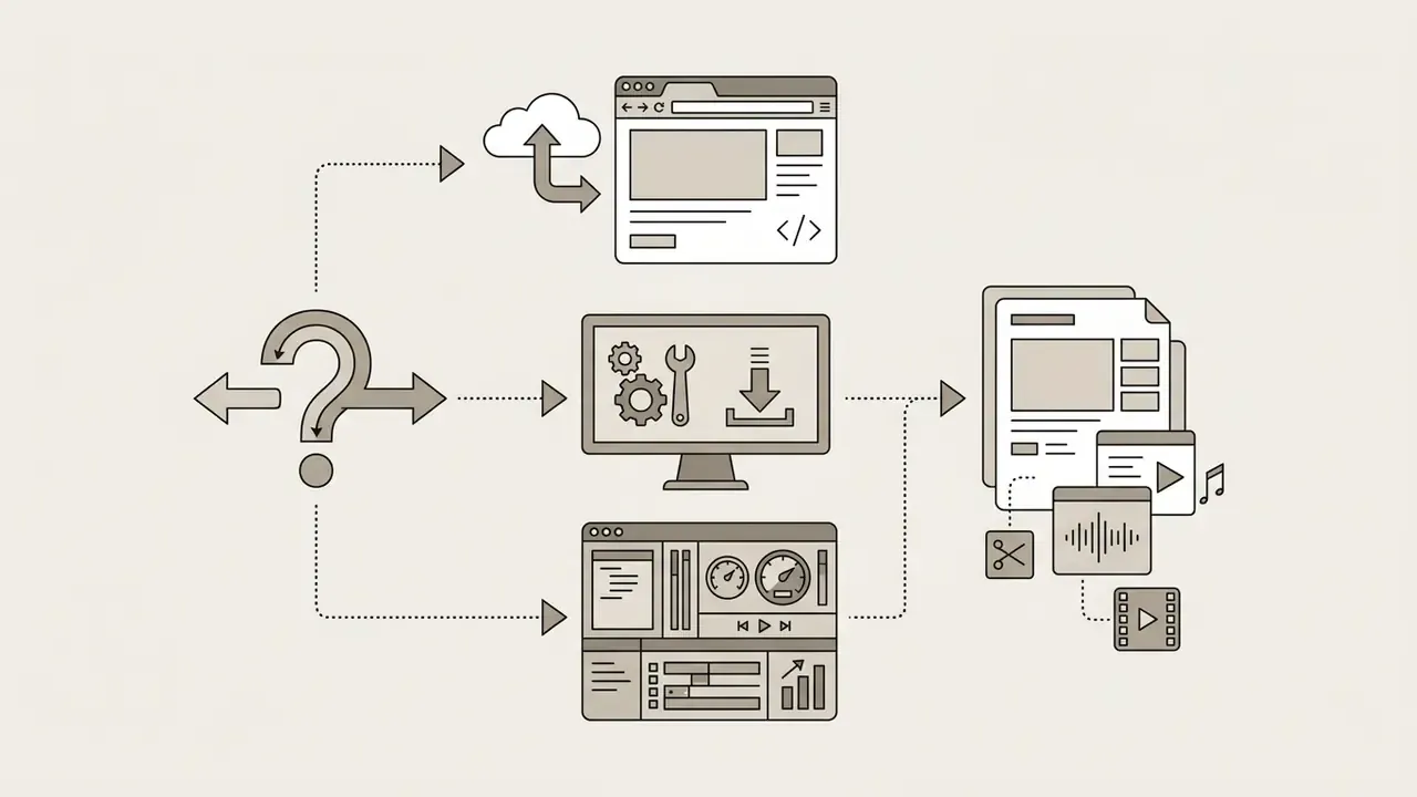 Decision paths leading from a question mark to browser tools, desktop software, or professional suites