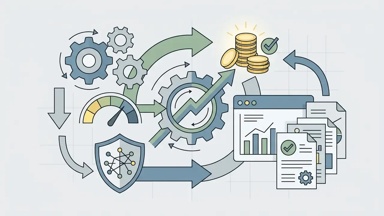 Gears and a shield icon connecting to financial charts and document stacks to show cost validation
