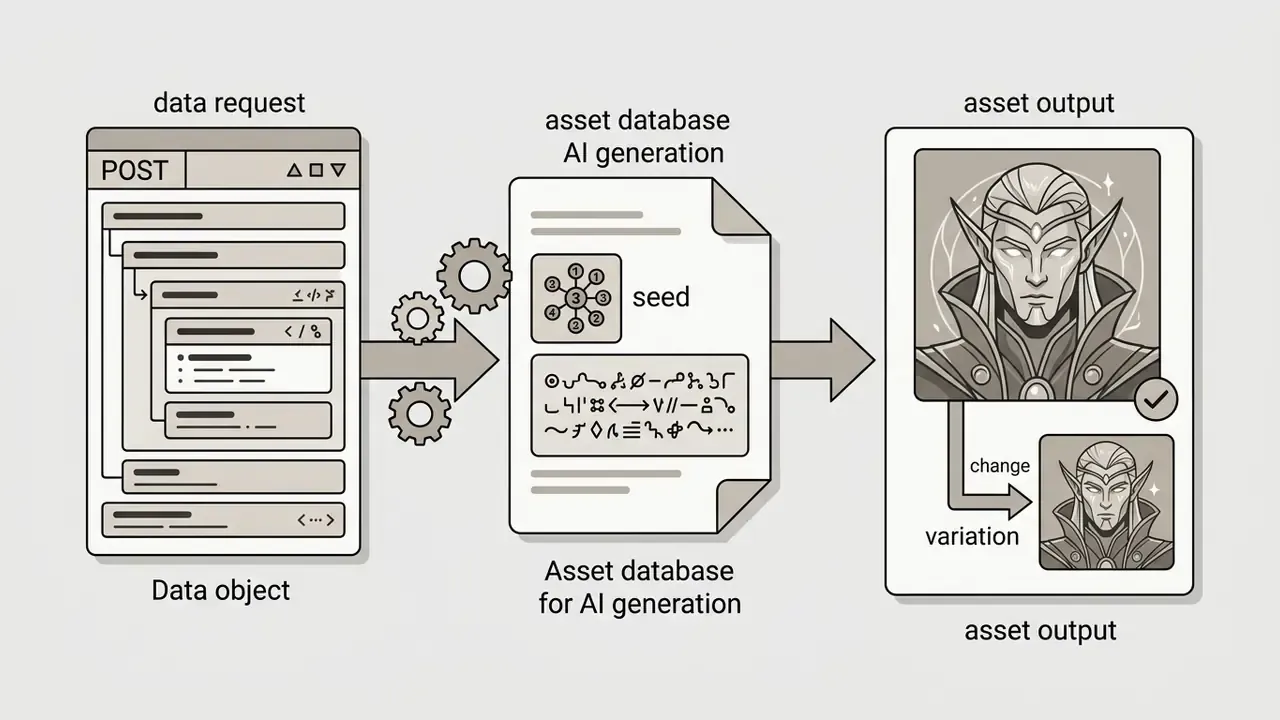Data request object feeding into a database with a seed and prompt to generate character portrait assets