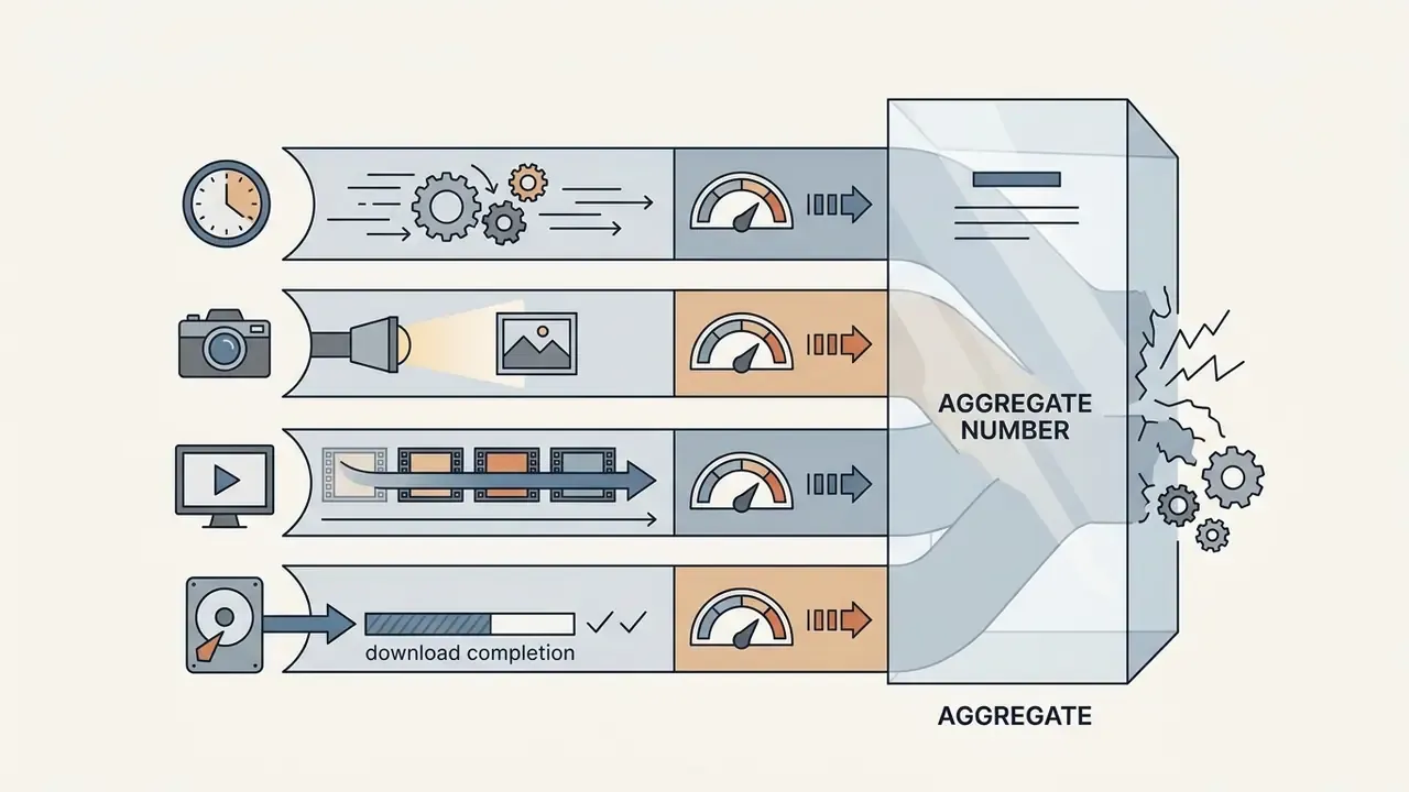 Four processing stages with speed gauges merging into a single block labeled as an aggregate number