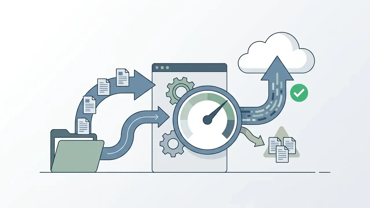 Files moving from a folder into a central processing unit with a speed gauge and cloud upload icon