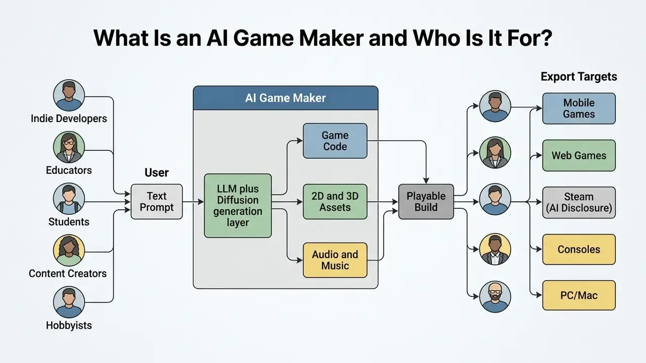 Schematic showing user prompts flowing through an AI game maker to generate assets for export targets