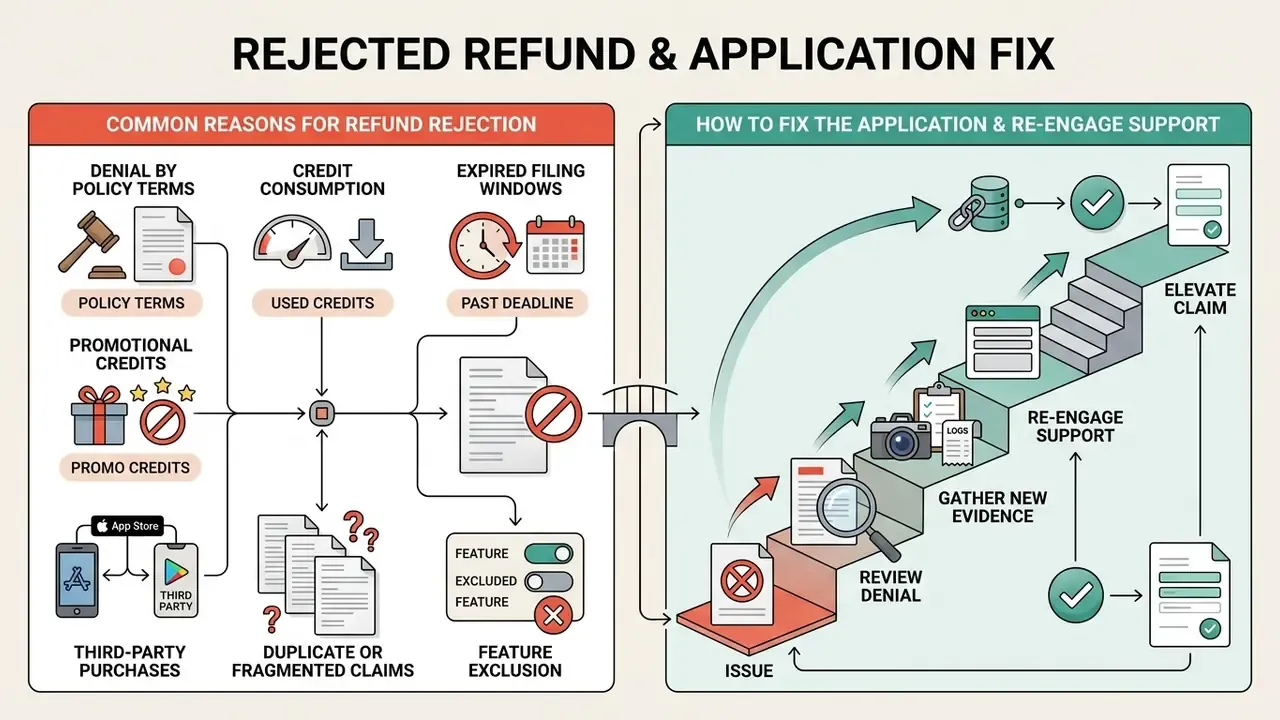 Split view showing common refund rejection reasons and a staircase path for re-engaging support