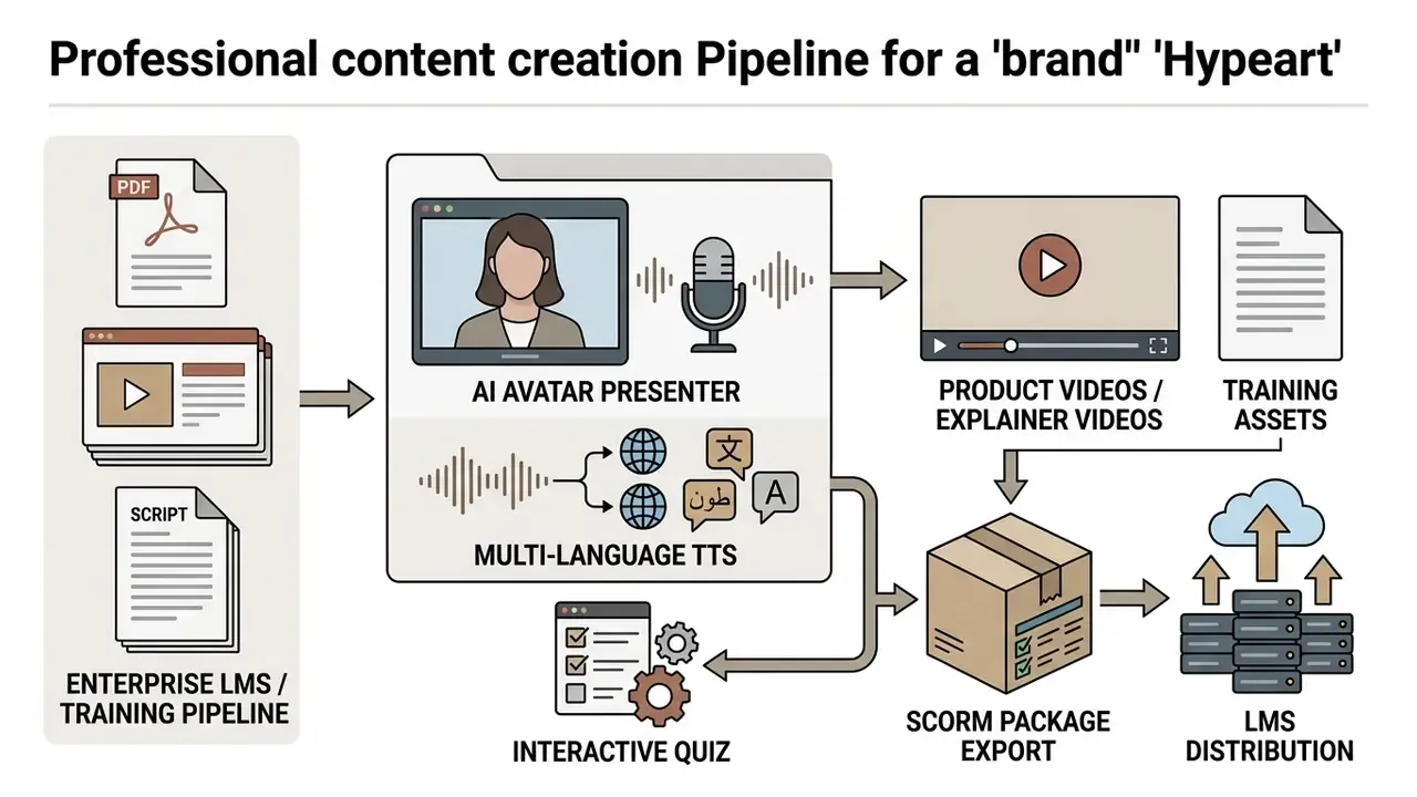 Workflow diagram showing document inputs converted by AI avatars and TTS into video and SCORM training files