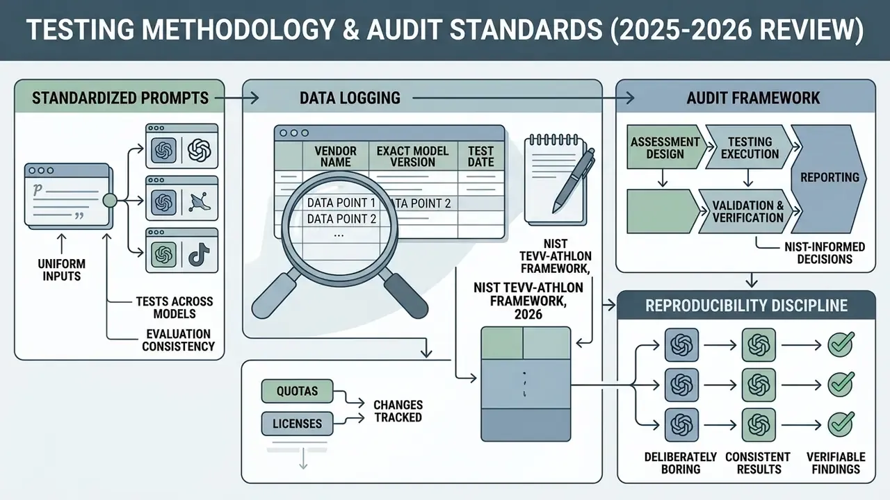 Flowchart detailing standardized prompt testing, data logging, audit frameworks, and reproducibility