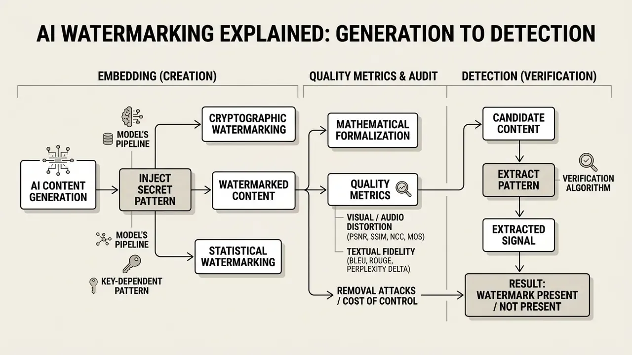 Flowchart detailing the process of embedding secret patterns into AI content and verifying them via algorithms