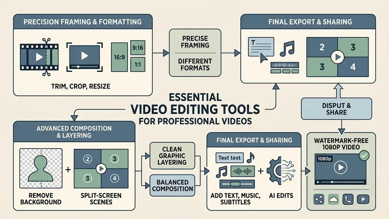 Diagram illustrating framing, composition, layering, and export steps for professional media production