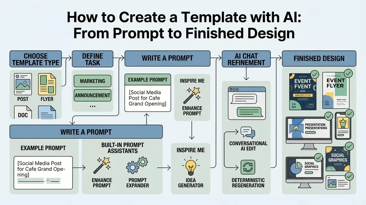 Step-by-step diagram showing the workflow from selecting a template type to refining prompts for final designs