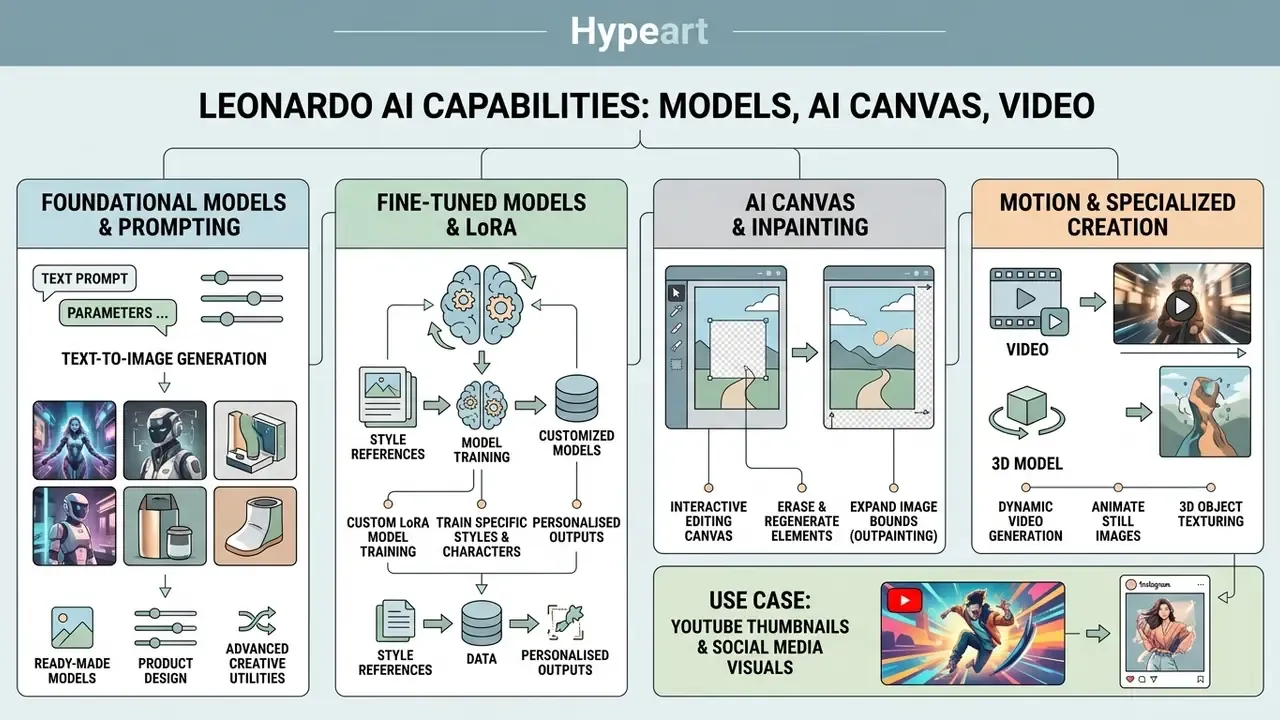 Summary chart detailing Leonardo AI features including model training, canvas editing, and video generation