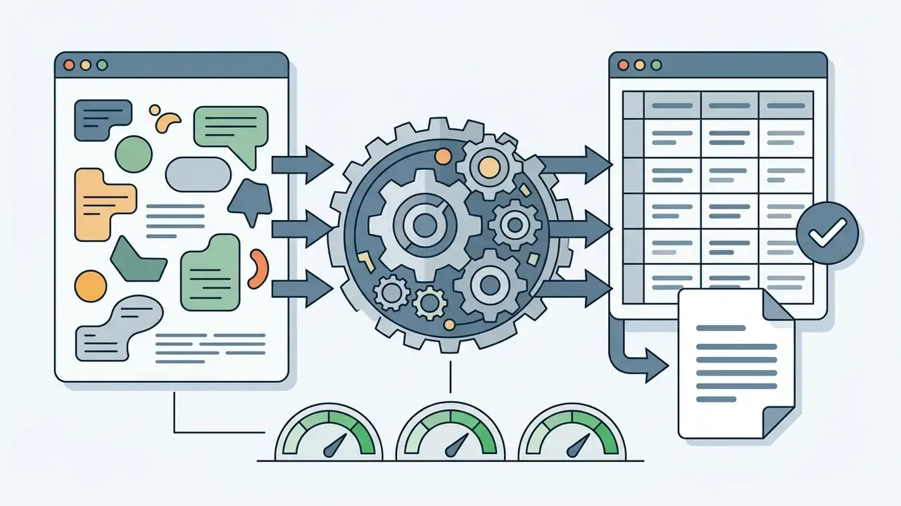 Unstructured text shapes moving through a central gear mechanism to become organized spreadsheet rows