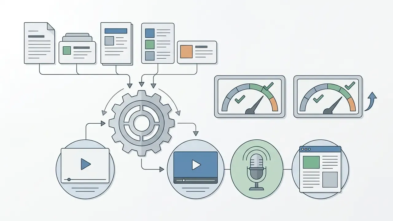 Documents and video icons feeding into a central gear system that outputs to gauges and media formats
