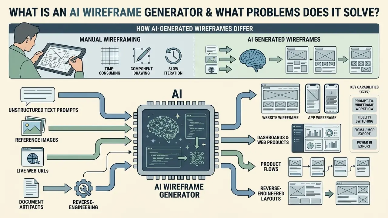 Infographic comparing manual design to an AI wireframe generator that transforms inputs into UI layouts
