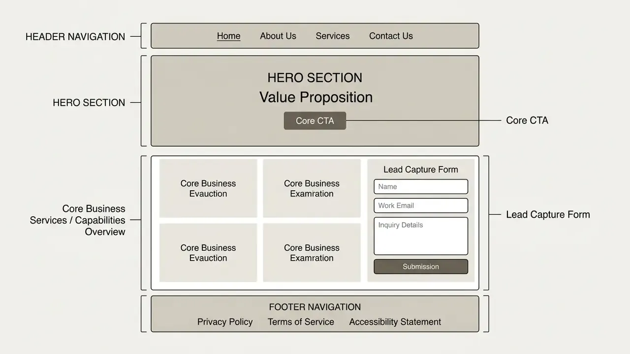 Wireframe layout showing header navigation, hero section, service blocks, lead capture form, and footer