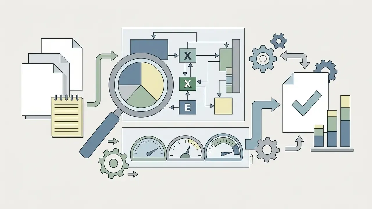 Magnifying glass over a block of system nodes connected to gauges and a document with a checkmark
