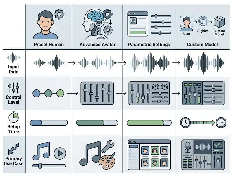 Comparison table displaying input data, control levels, setup times, and use cases for four vocal model types