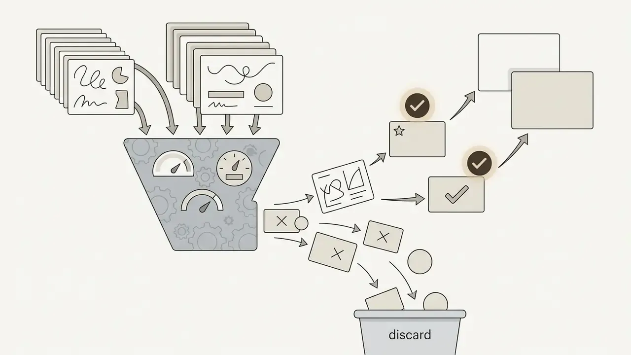 Multiple documents flowing into a gear-filled scoring engine that filters assets into approved or discarded