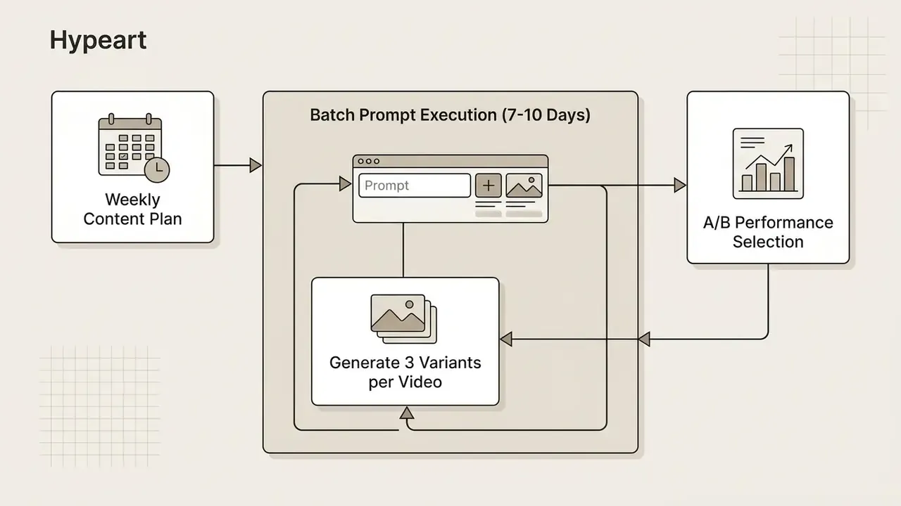 Process flow from weekly content planning to batch prompt execution and A/B performance selection