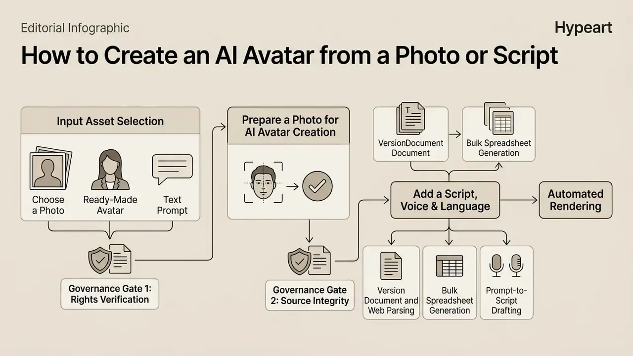 Step-by-step production pipeline diagram showing asset selection, governance checks, and automated rendering