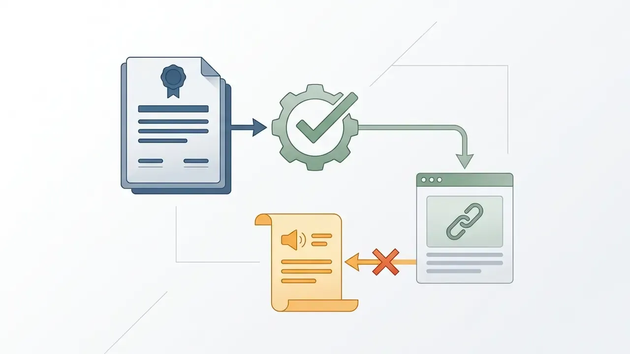 Legal document feeding into a gear with a checkmark that points to a website link blocked from a blog post