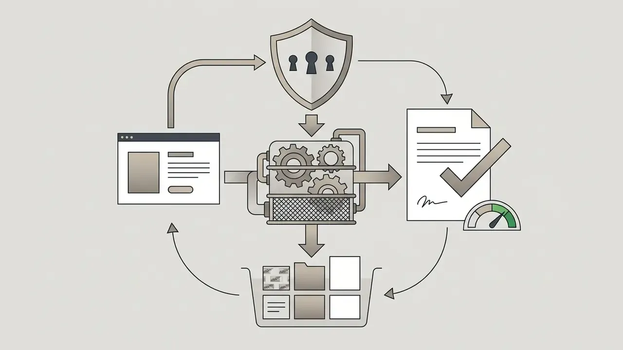Circular workflow connecting a web interface, a gear mechanism, a shield, signed documents, and file folders