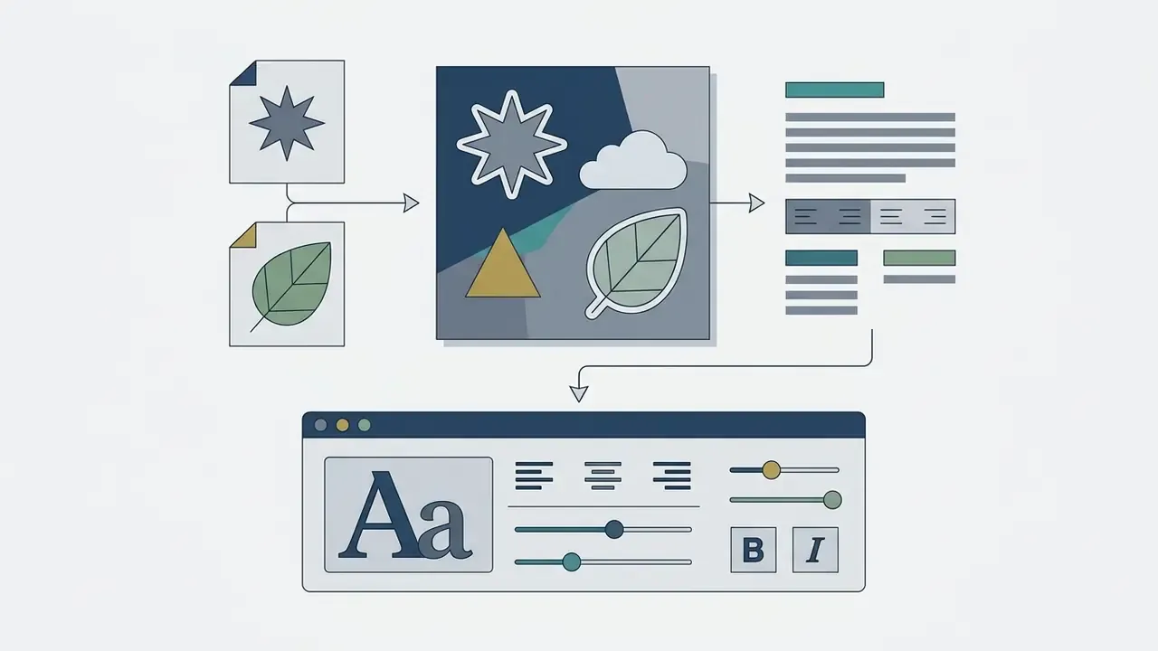 Icons of shapes and text blocks flowing into a font editing menu with alignment and style options