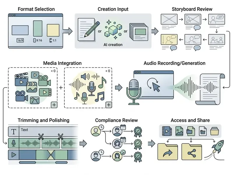 Workflow diagram showing the production stages in the Google video editor from format to final sharing