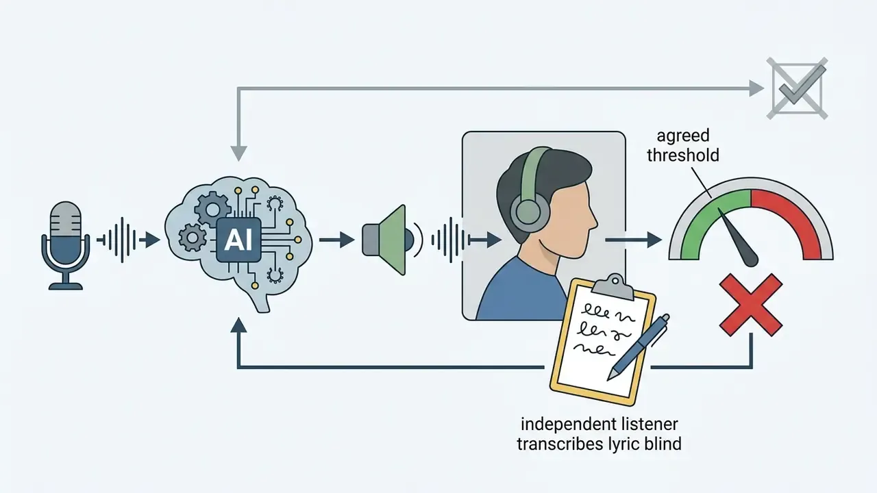 Listener transcribing audio output to determine if quality meets the agreed threshold for approval