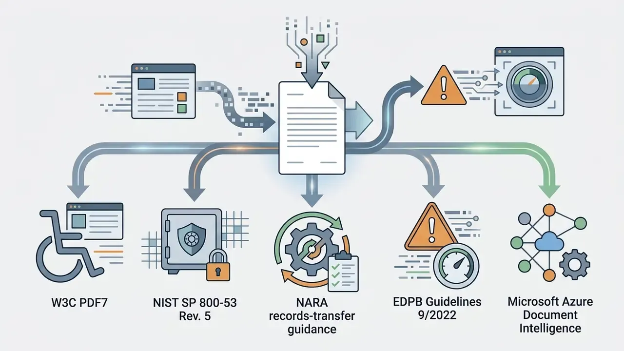 Central document icon connected to icons representing compliance standards and technical requirements