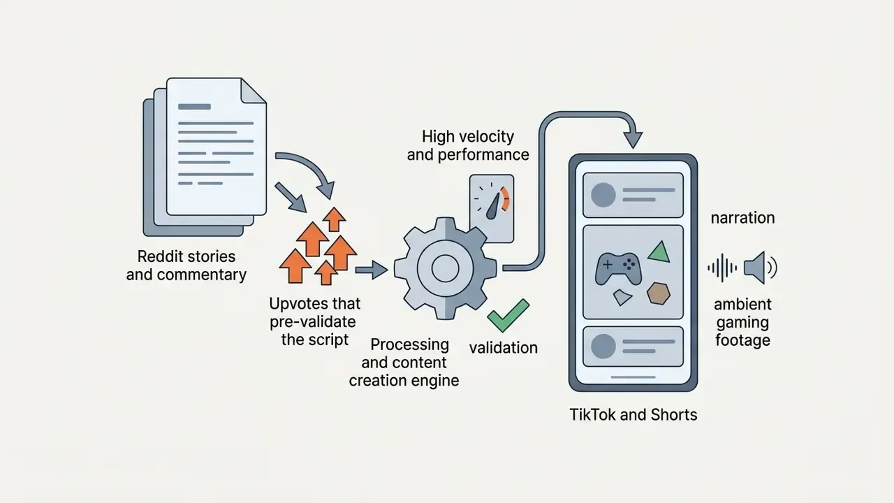 Reddit stories and upvotes feeding into a gear engine to produce narrated gaming videos for social platforms